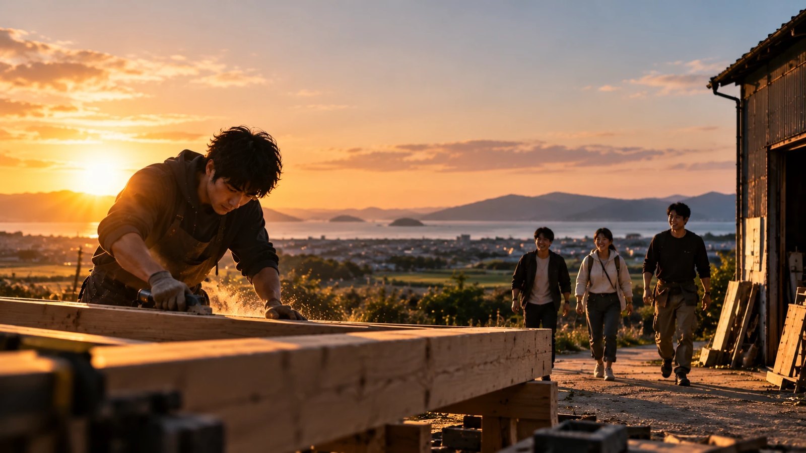夕暮れの高台で木材を削る人と、そこへ歩いてくる仲間たち